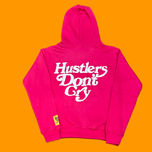 Official "Hustlers Don't Cry" Logo Hoodie - Pink/ White