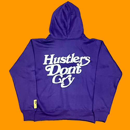 Official "Hustlers Don't Cry" Logo Hoodie - Purple/ White
